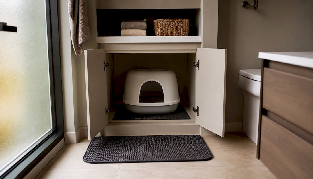 Closet door slightly open showing litter box on waterproof mat