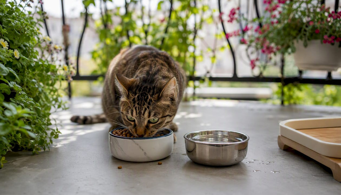 Cat eating from ceramic and stainless steel bowls