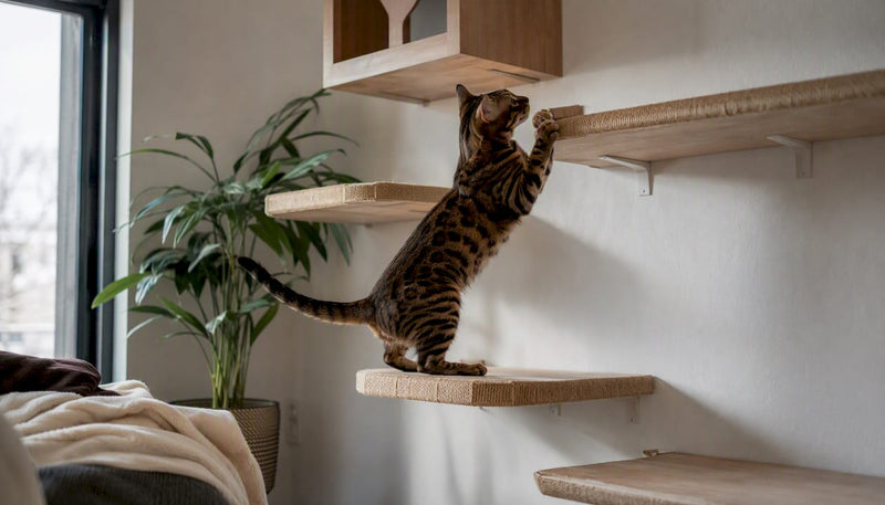 Cat climbing a modern indoor climbing wall