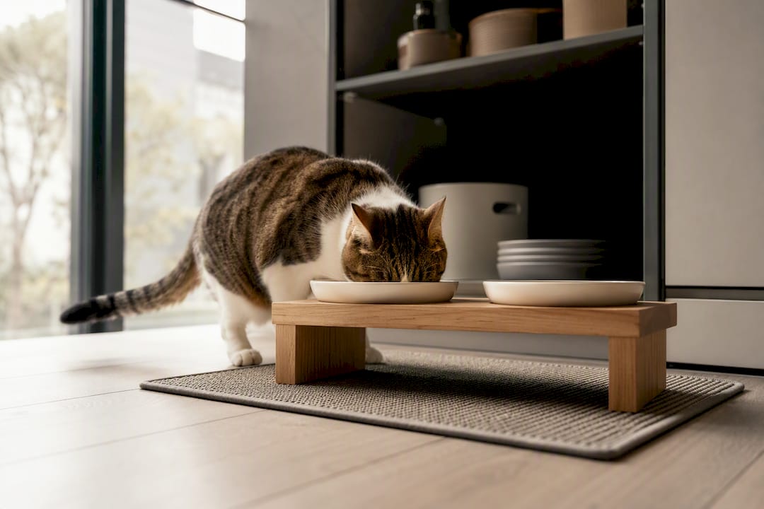 Cat eating at an elevated feeding station with shallow bowls