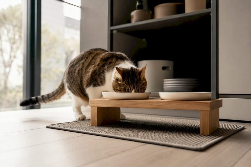 Cat eating at an elevated feeding station with shallow bowls