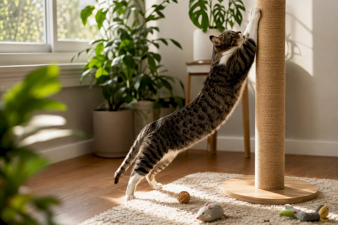 Cat stretching fully on scratching post
