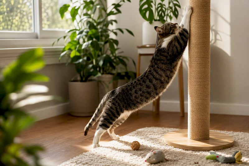 Cat stretching fully on scratching post