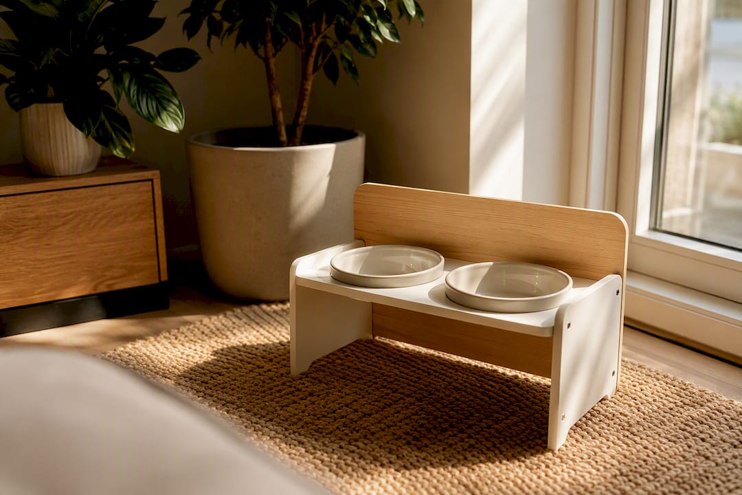 Contemporary cat feeding station in modern kitchen