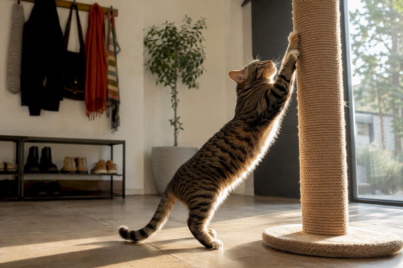 Cat scratching stable post near sofa