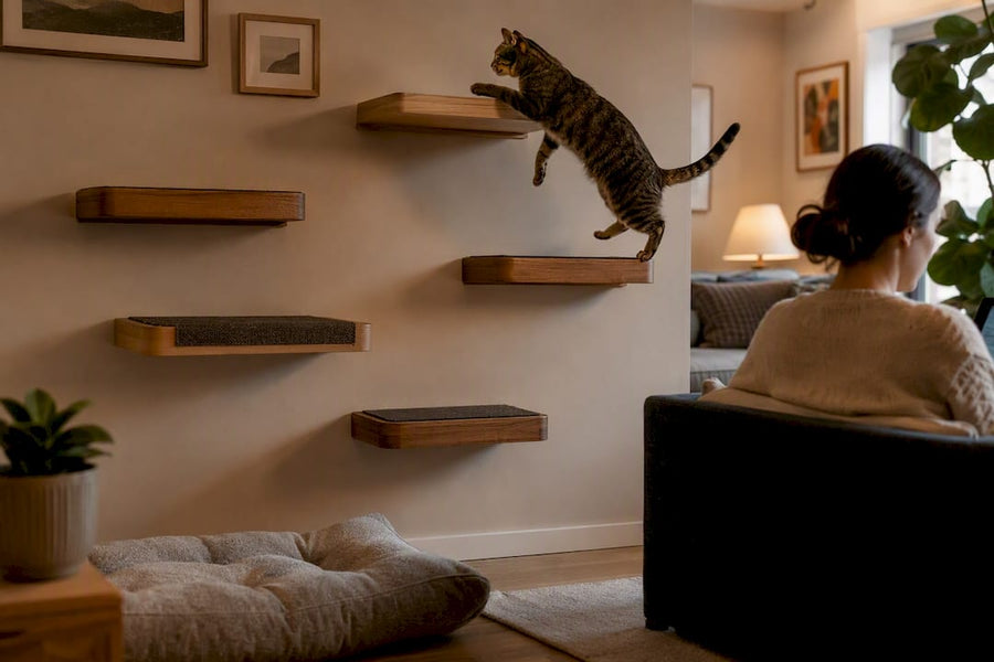 Cat jumping between staggered wall shelves indoors