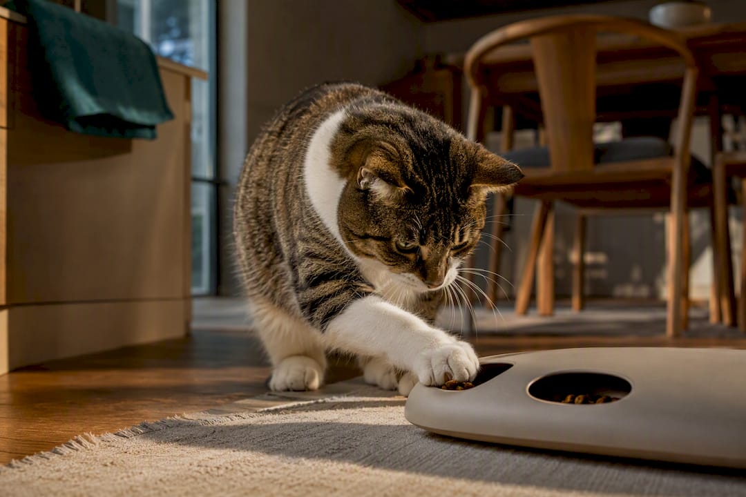 Cat pawing an anonymous food dispenser