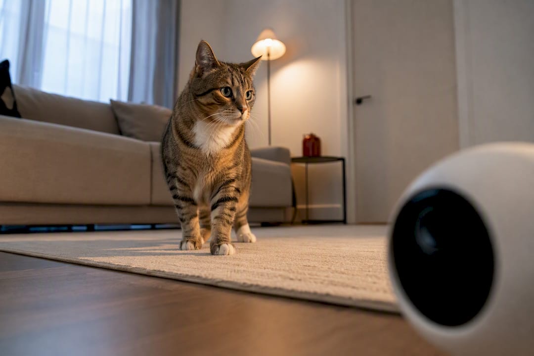 Cat beside anonymous indoor camera in home
