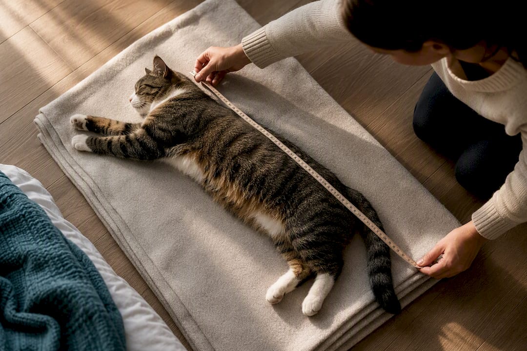 Cat measured beside folded blanket