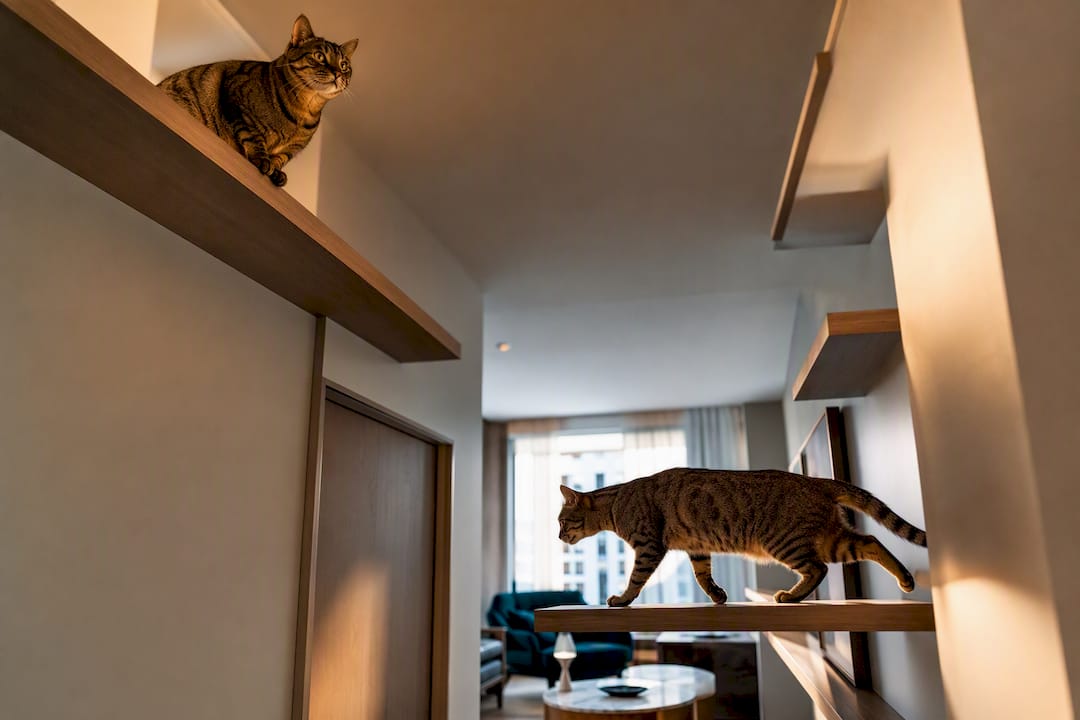 Two cats using separate vertical routes