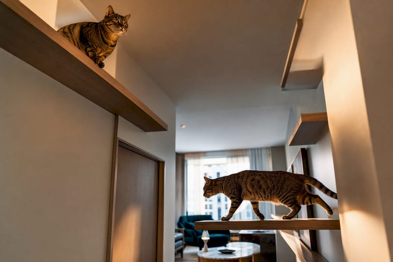 Two cats using separate vertical routes