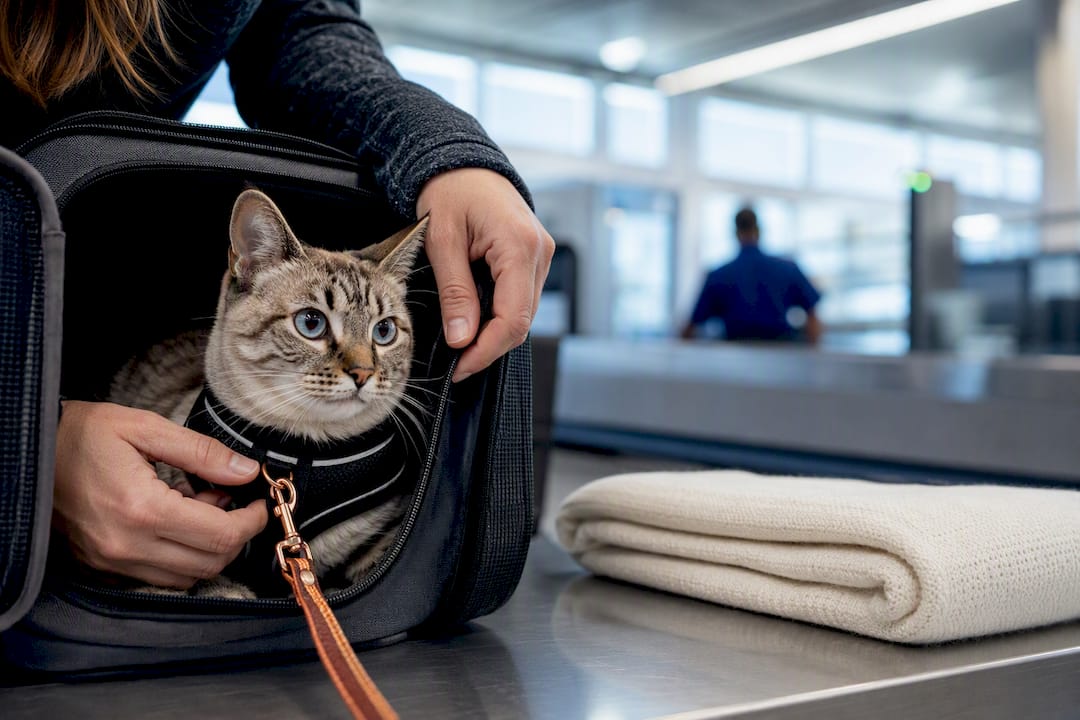 Cat preparing for airport carrier screening