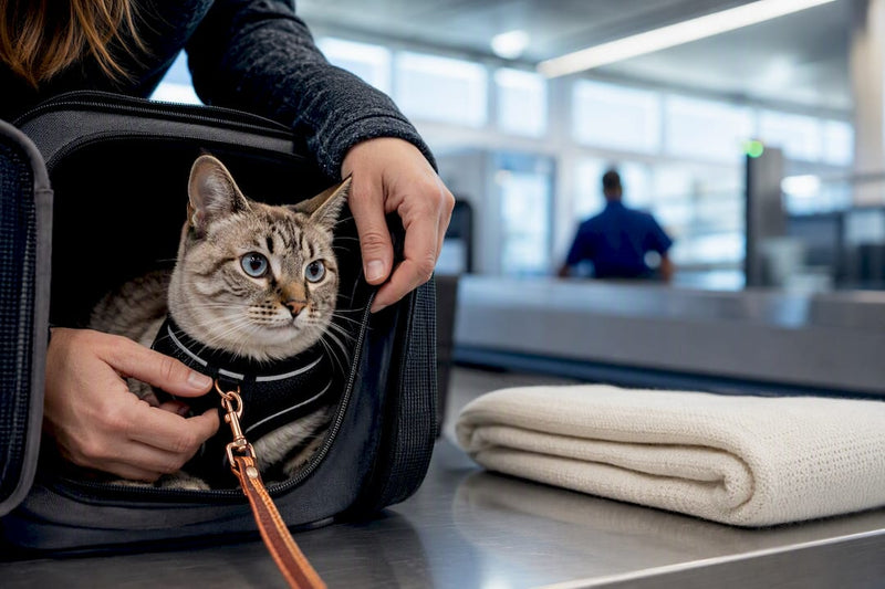 Cat preparing for airport carrier screening
