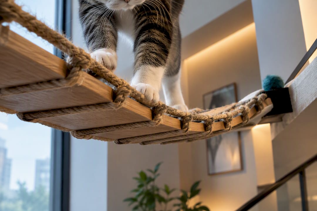 Cat crossing a partially framed wall bridge