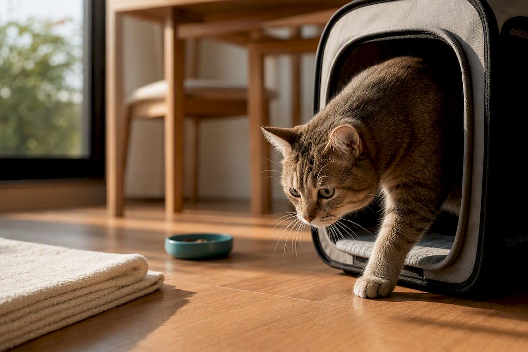 Cat entering carrier during calm training