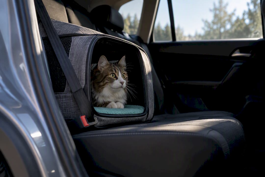 Cat carrier secured in a car