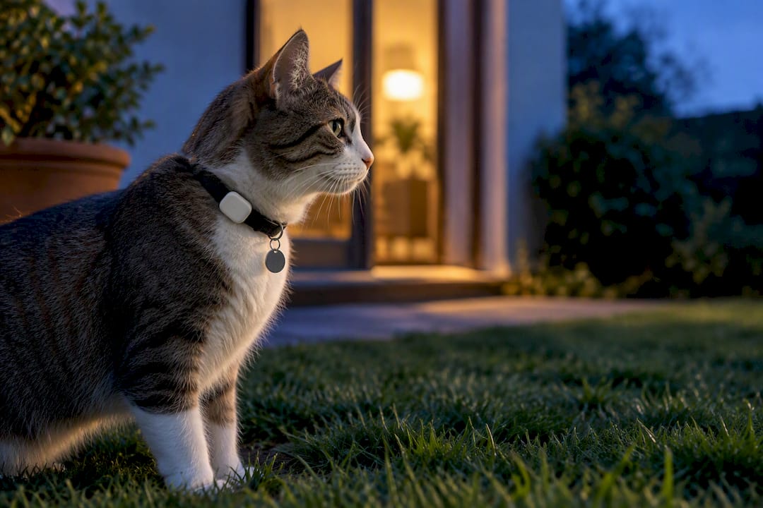 Cat wearing collar with safety tracker