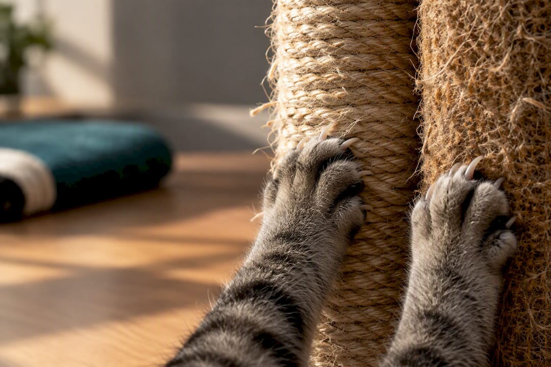 Cat paws testing sisal and jute fibers