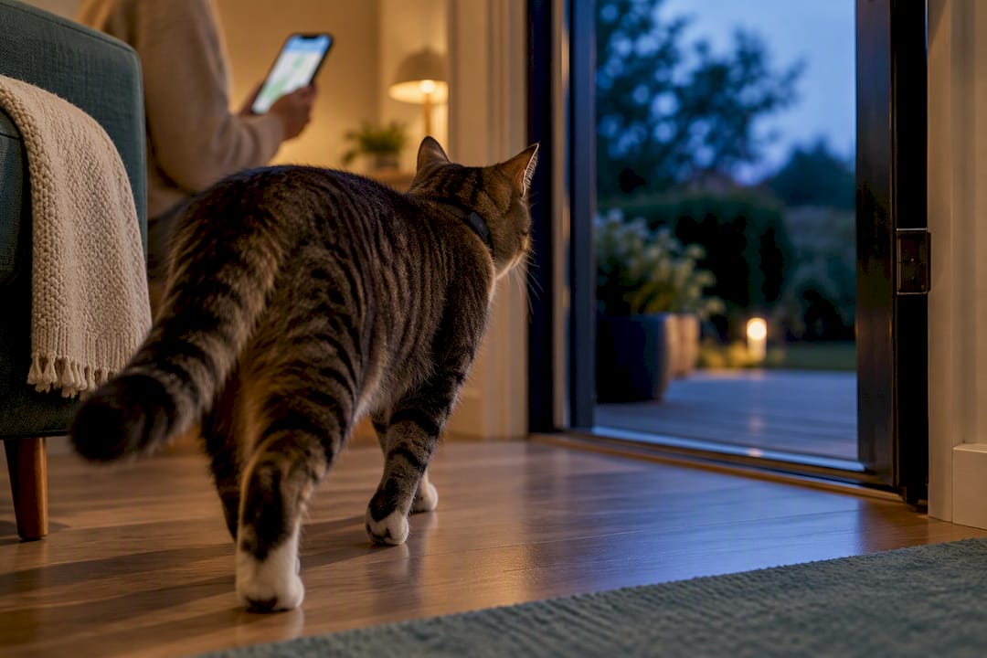 Cat wearing tracker near open doorway