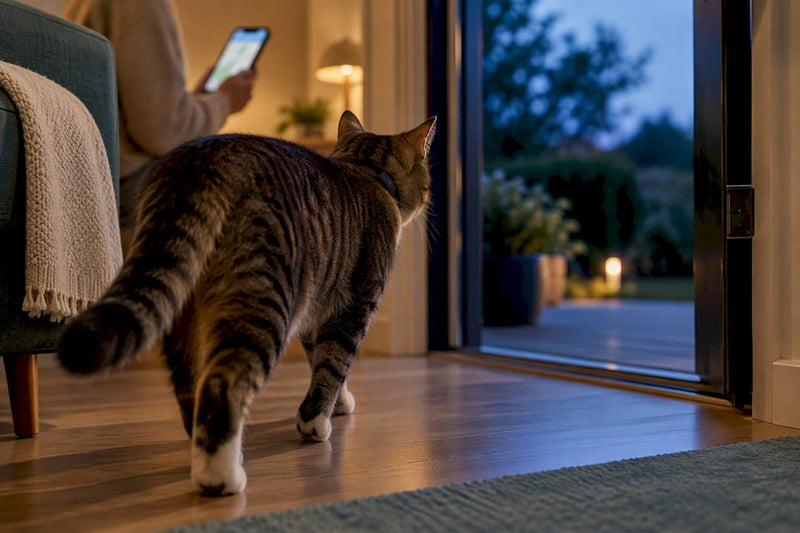 Cat wearing tracker near open doorway