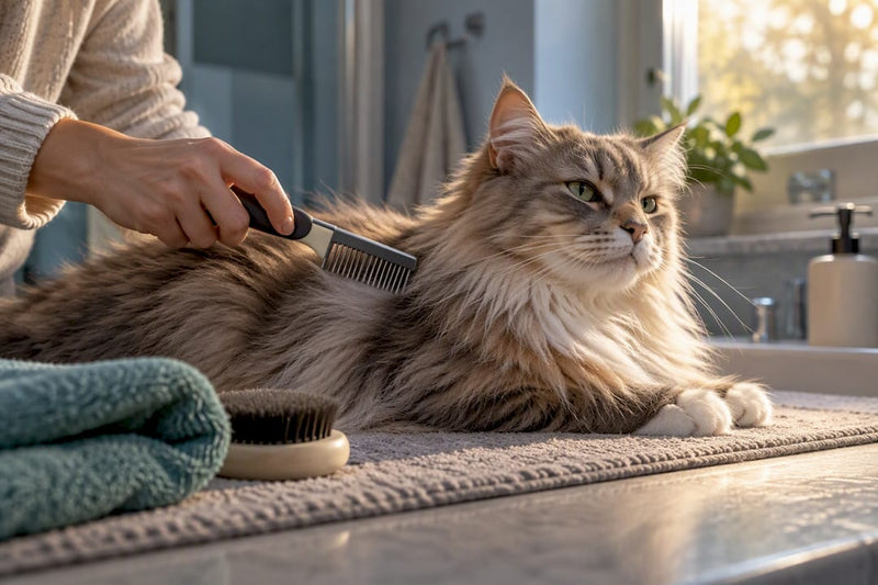 Cat receiving gentle deshedding comb grooming