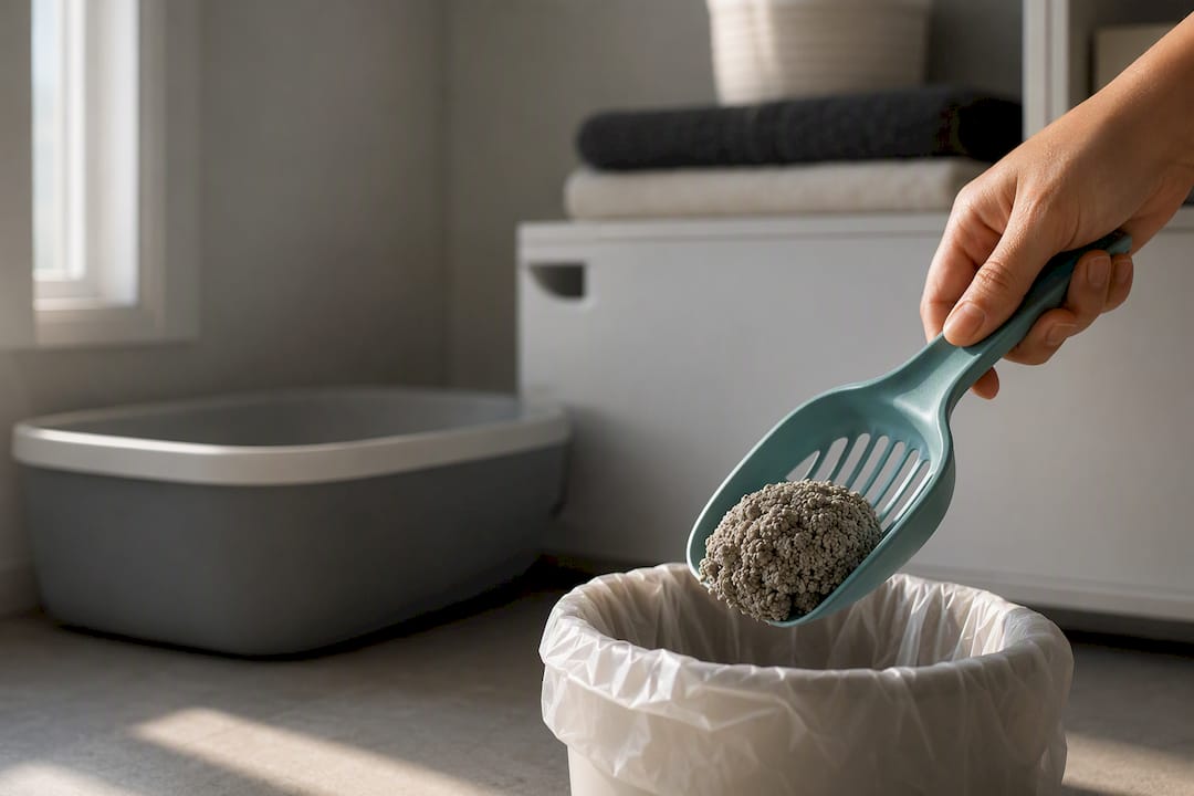 Hand scooping litter into disposal liner