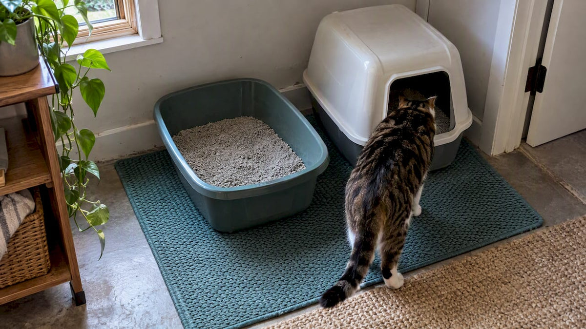 Cat comparing covered and uncovered litter boxes