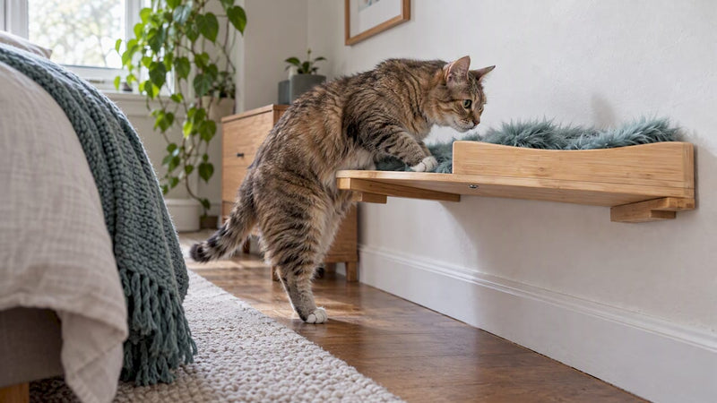 Senior cat accessing elevated bamboo bed