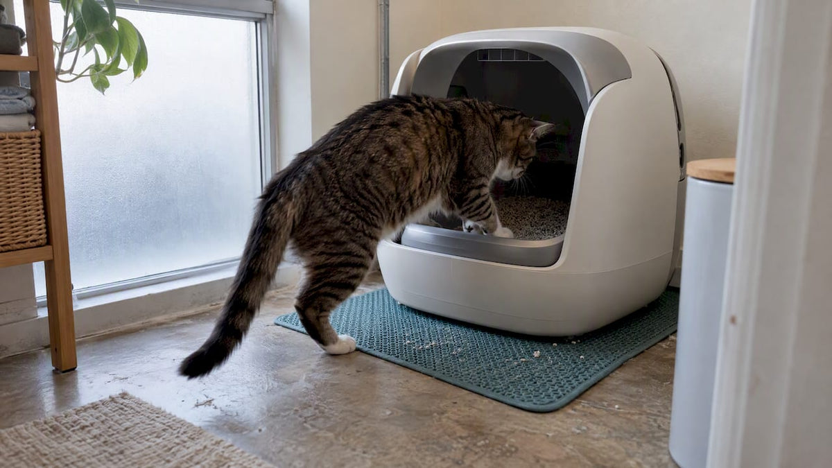 Cat using smart litter box at home