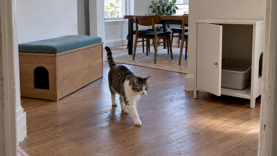 Bench and cabinet litter enclosures in a home