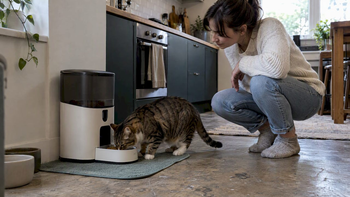 Camera-equipped feeder positioned beside a cat eating