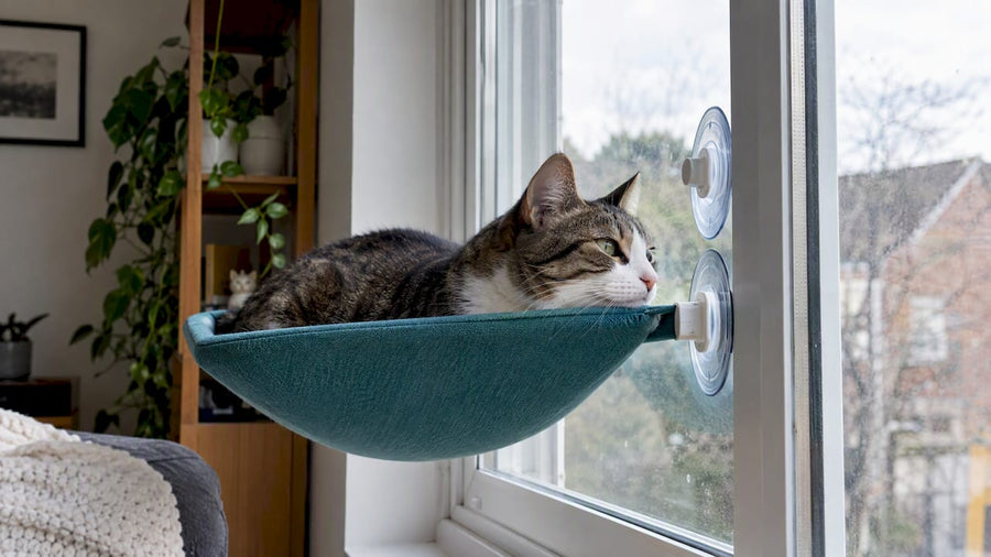Cat resting in a suction cup window hammock