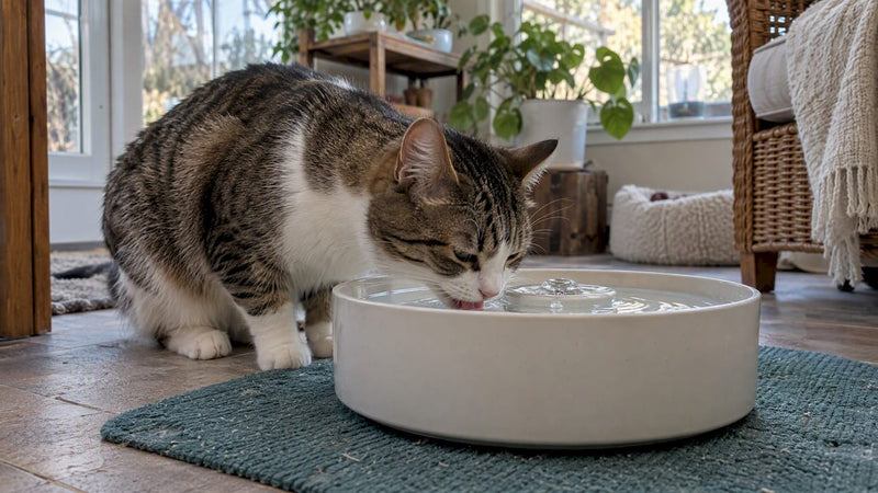 Cat drinking from a wide shallow fountain