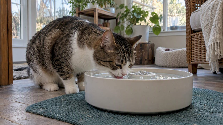 Cat drinking from a wide shallow fountain