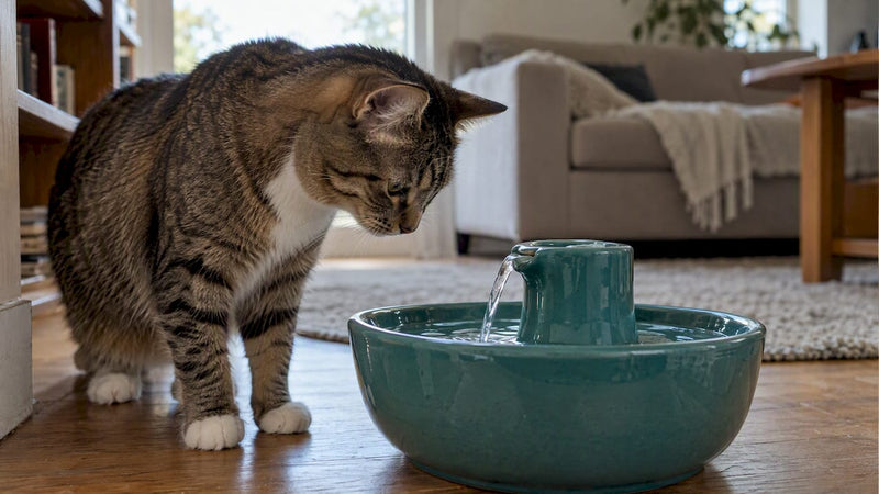 Cat inspecting a glazed ceramic water fountain