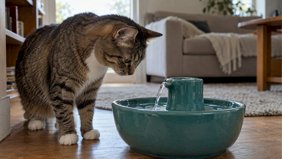 Cat inspecting a glazed ceramic water fountain