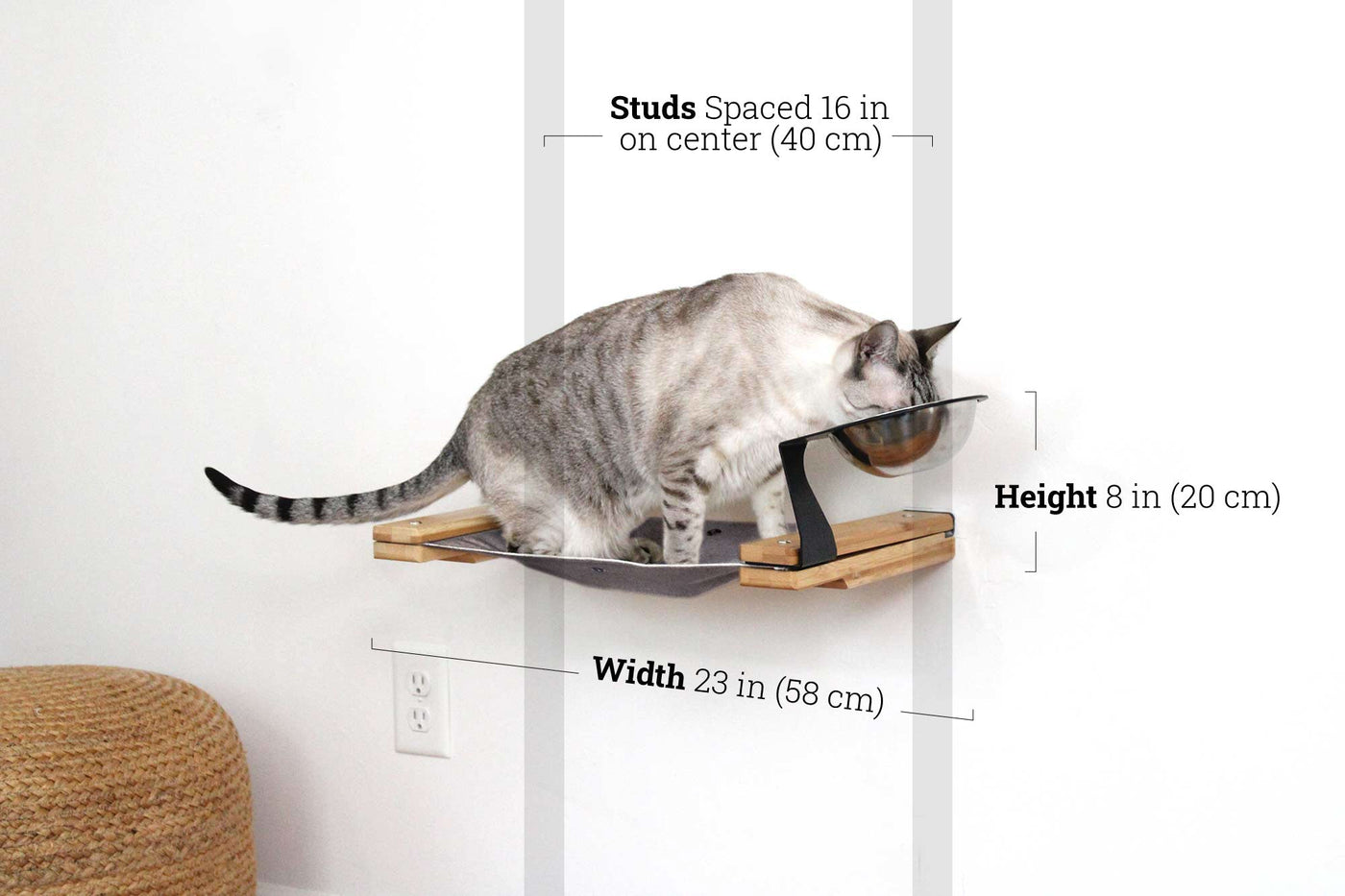 Wall mounted raised cat feeder with food dishes and an attached canvas lounge