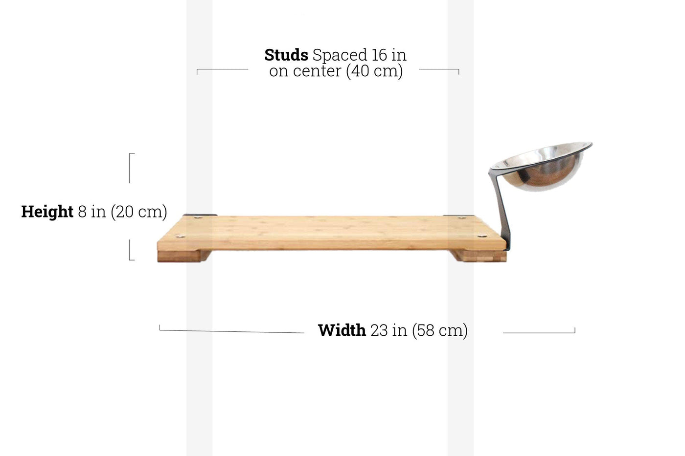 Wall mounted bamboo cat feeding shelf with two food dishes and an escape hatch opening above