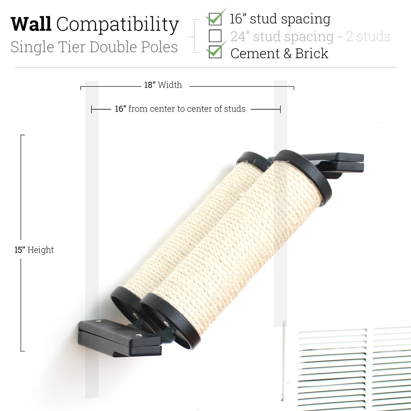 Wall mounted angled sisal cat scratcher installed on a low slope with steel mounting brackets visible