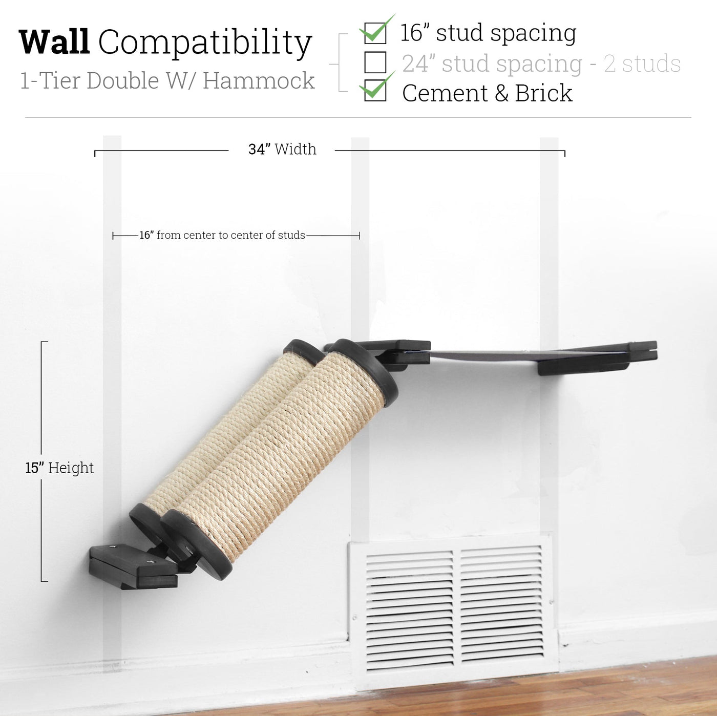 Wall mounted angled sisal cat scratcher installed on a low slope with steel mounting brackets visible