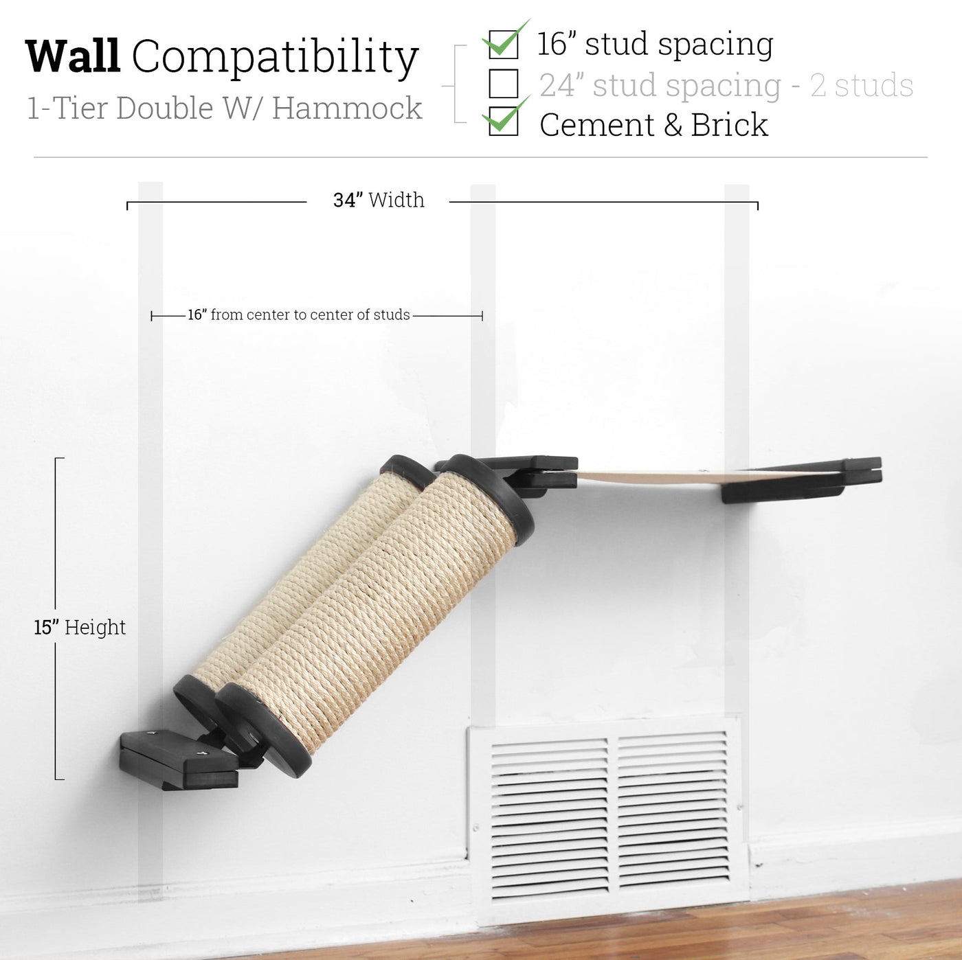 Wall mounted angled sisal cat scratcher installed on a low slope with steel mounting brackets visible