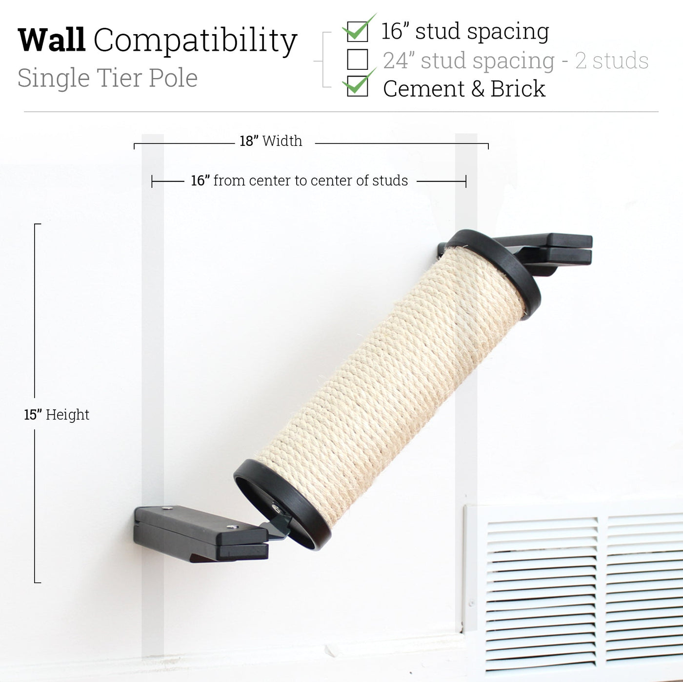 Wall mounted angled sisal cat scratcher installed on a low slope with steel mounting brackets visible