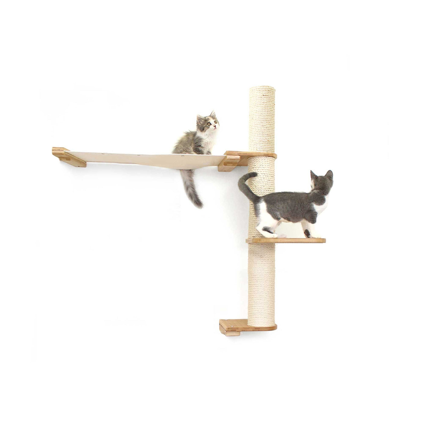 Tall wall mounted cat scratcher tree with a sisal pole installed high near the ceiling