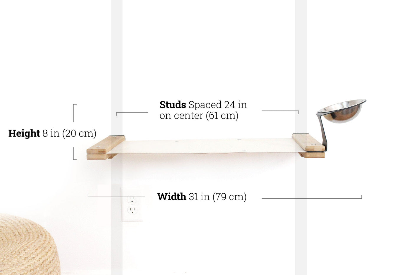 Wall mounted raised cat feeder with food dishes and an attached canvas lounge