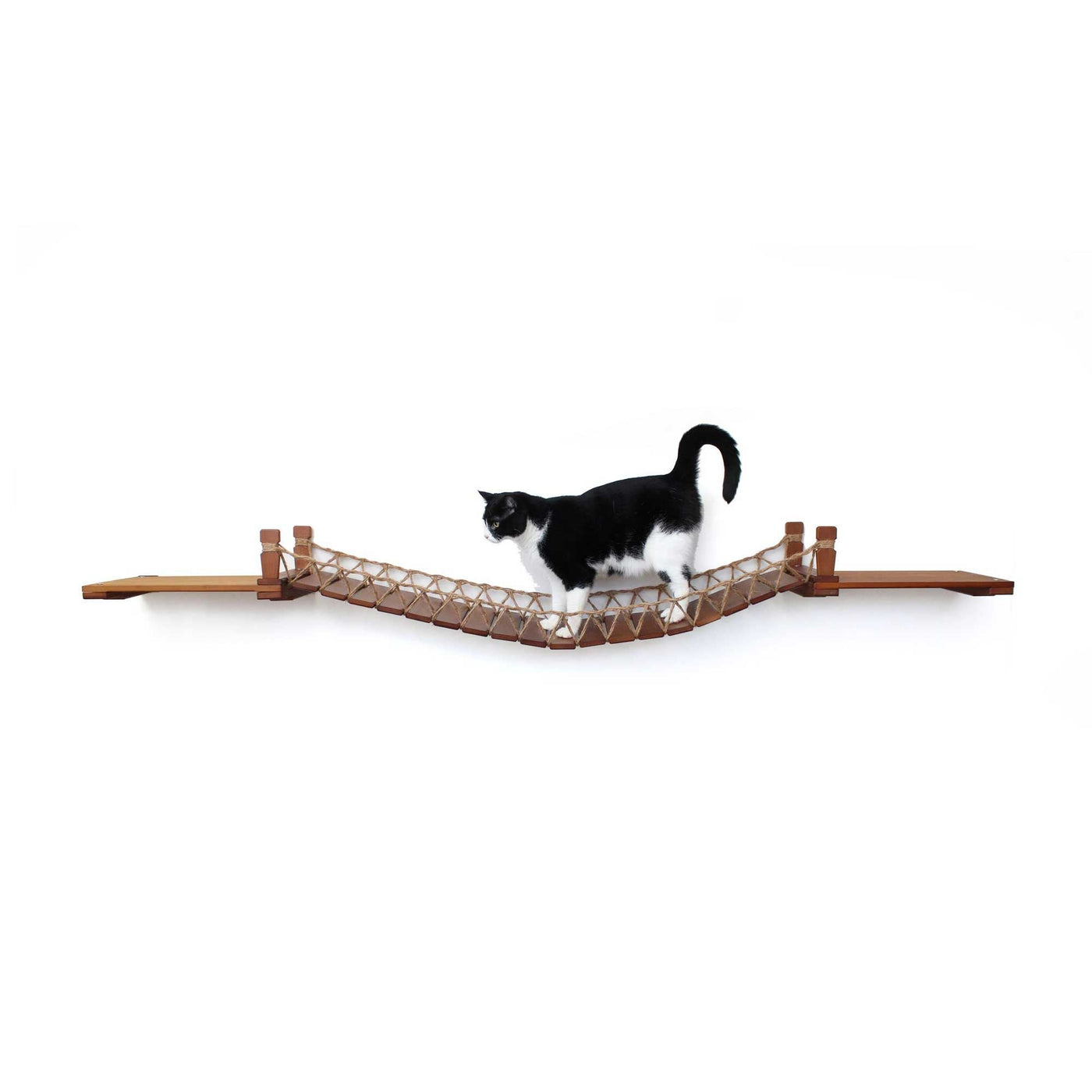 Wall mounted cat suspension bridge with a bamboo landing shelf at each end