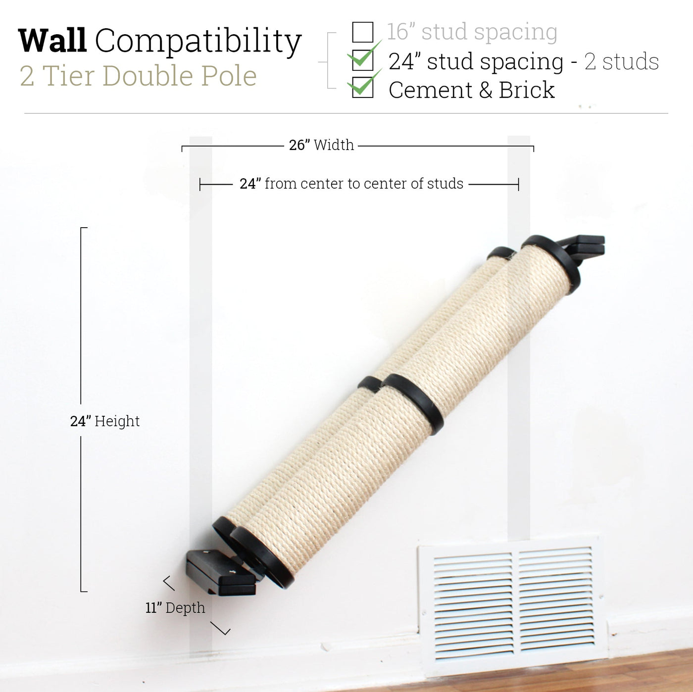 Wall mounted angled sisal cat scratcher installed on a low slope with steel mounting brackets visible
