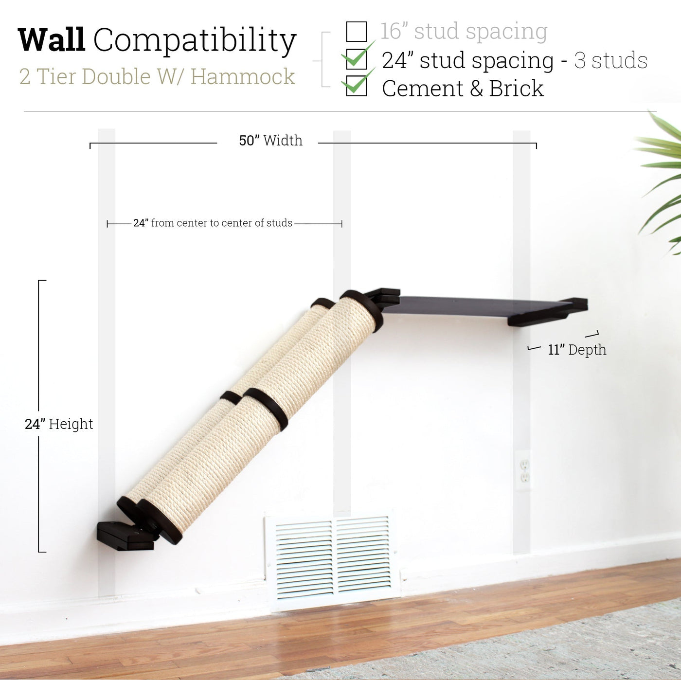 Wall mounted angled sisal cat scratcher installed on a low slope with steel mounting brackets visible