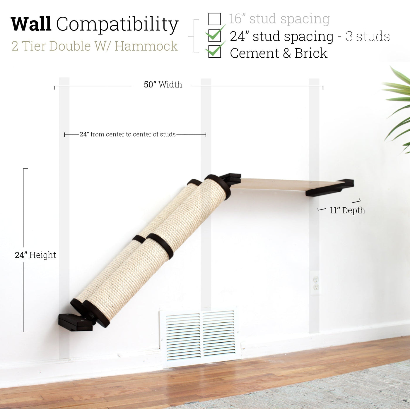 Wall mounted angled sisal cat scratcher installed on a low slope with steel mounting brackets visible