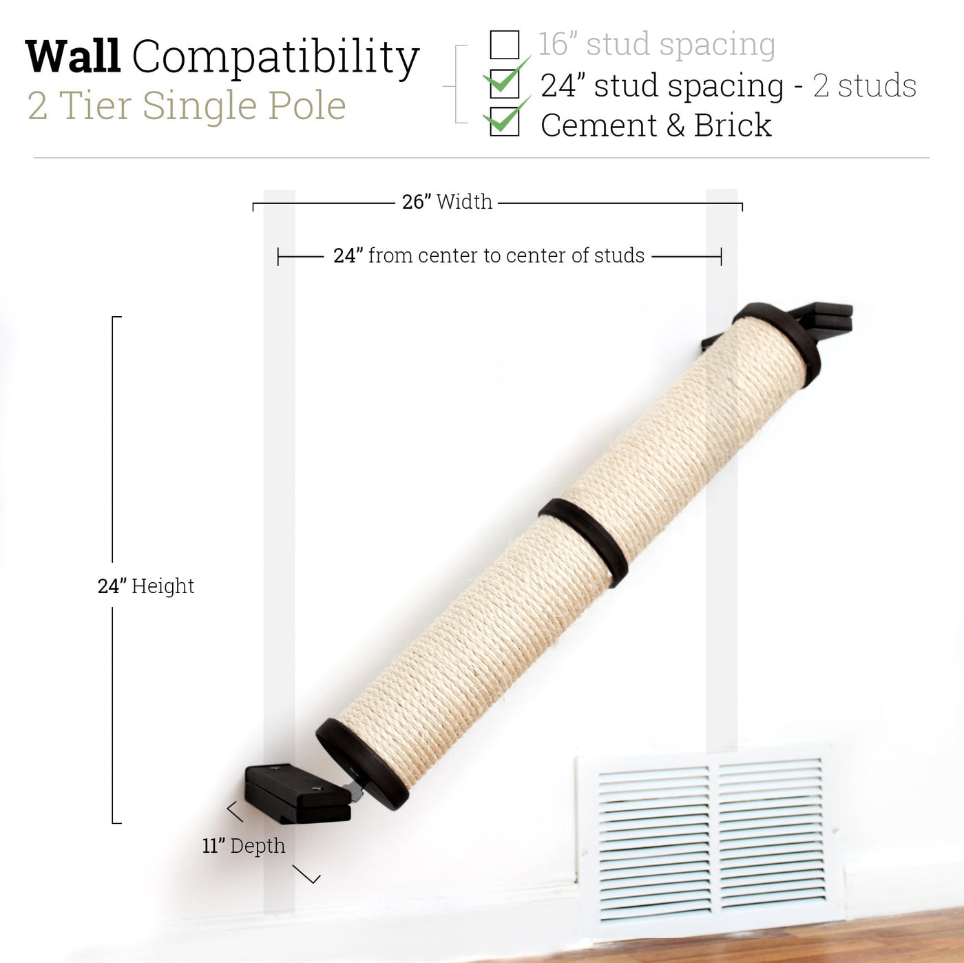 Wall mounted angled sisal cat scratcher installed on a low slope with steel mounting brackets visible
