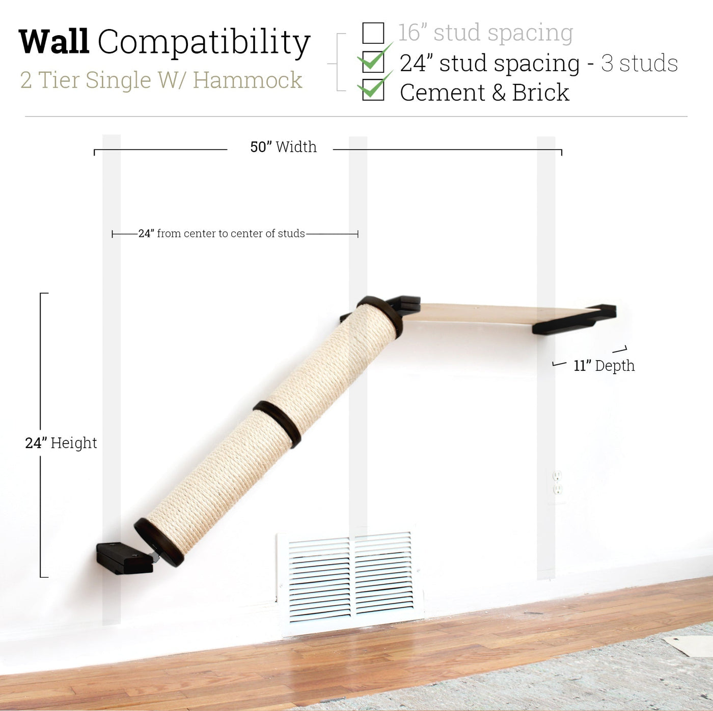 Wall mounted angled sisal cat scratcher installed on a low slope with steel mounting brackets visible